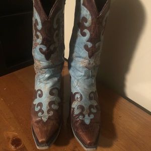 Lane brown and turquoise distressed cowboy boots
